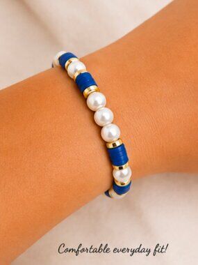 Blue & Pearl Stretch Bracelet | Gold Accent Beaded Bracelet | Handmade Jewelry